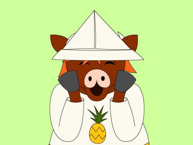 Winnie de Koe draagt een hoedje van papier.