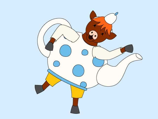 Drie theepotten, een gele theepot met witte bloemen, een rood met roze deksel theepot en een klein groen theepotje.