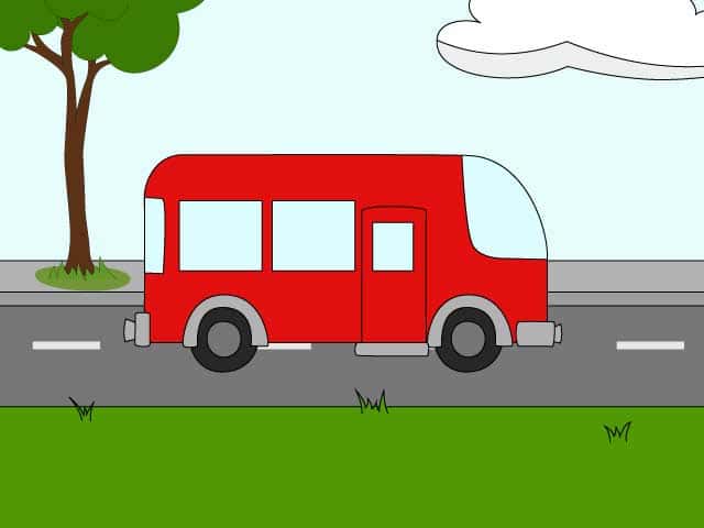 Rode bus rijdt over de weg in het kinderliedje wielen van de bus.