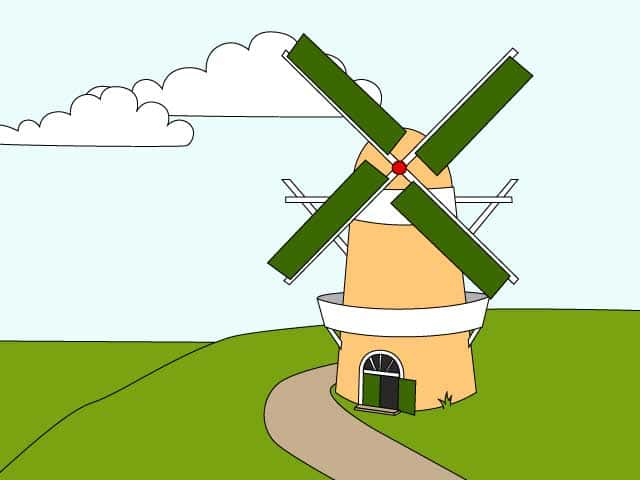 Molen met groene wieken in een graslandschap met wolkjes voor de wieken van de molen